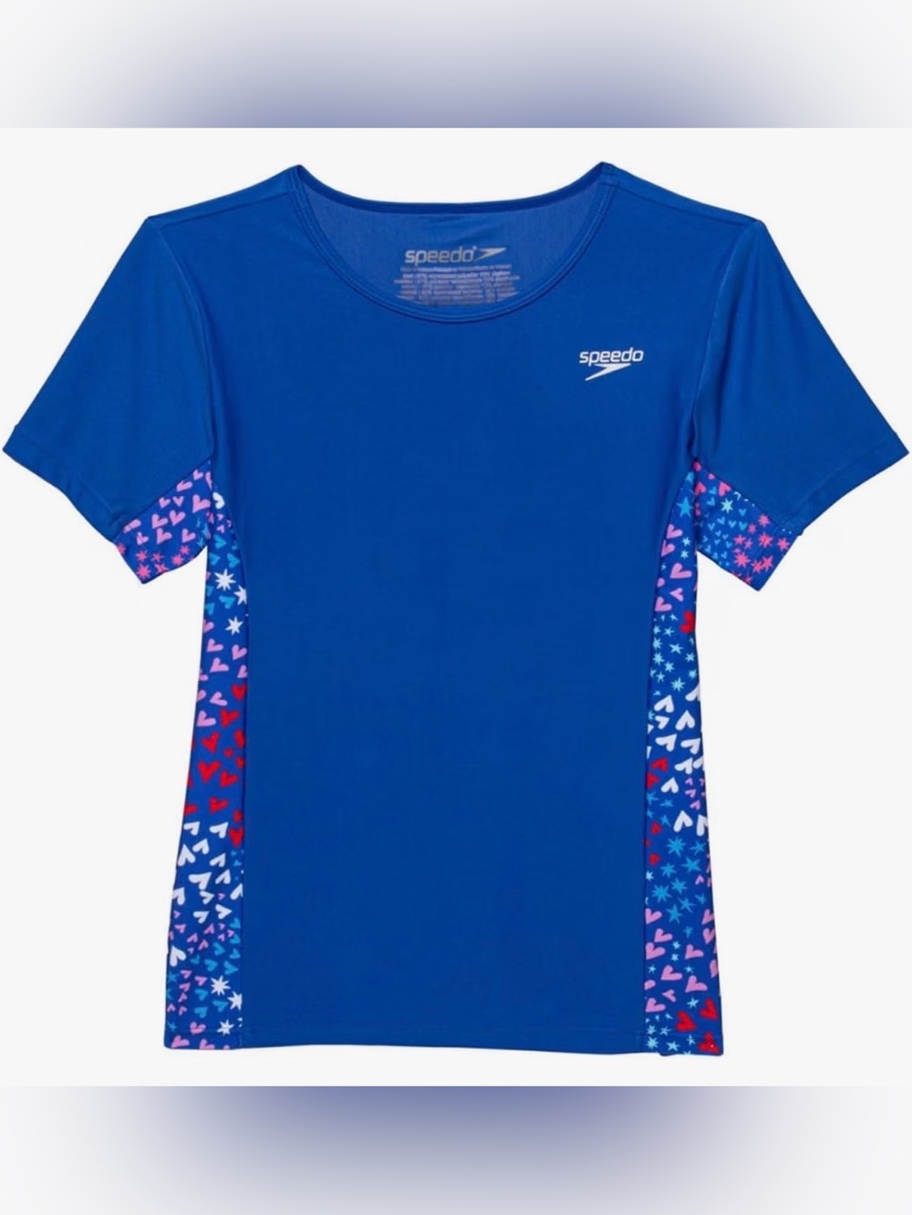 Speedo Big Girls Short Sleeve Rashguard, Dazzling Blue/Hearts, XL, NWT